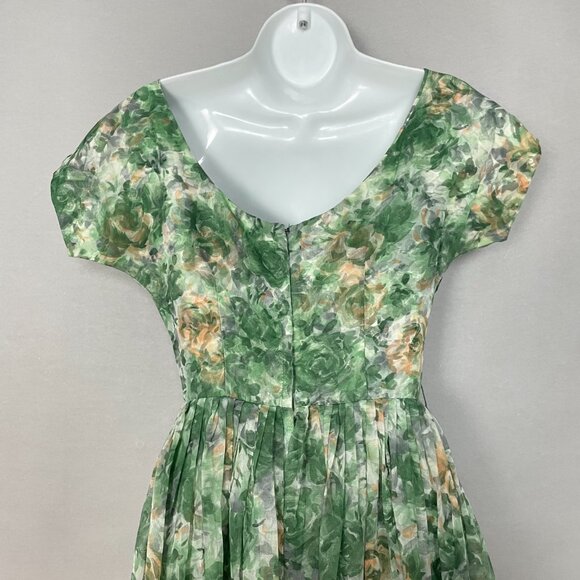 Vintage 1950s Dress Party Chiffon Short Sleeves Floral A-Line Women Union Label - Picture 5 of 16